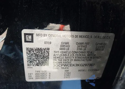 2019 Chevrolet Silverado 1500 Lt из США, поврежденный, VIN 3GCPWCEK3KG297367